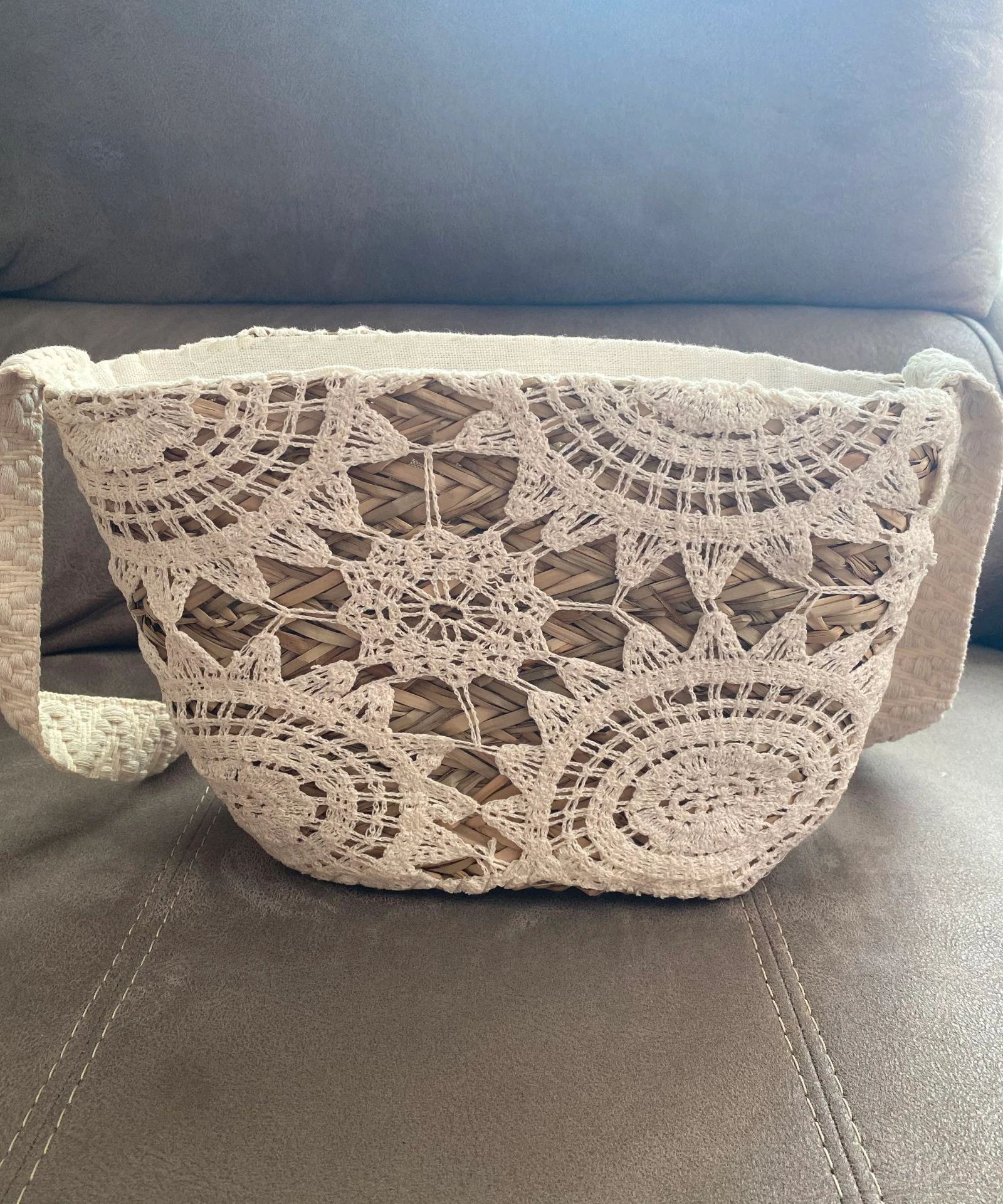 Cesto de palha com crochê creme - Bolso transversal verão boêmio – photo 2